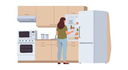 Illustration shows a woman retrieving food from an open refrigerator in a modern kitchen setting with neutral tones, evoking calmness.のイラスト素材