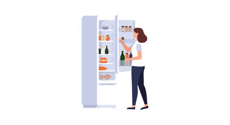 Woman opens refrigerator door and takes a drink in a kitchen setting, showing daily routine with calm and relaxed mood.のイラスト素材