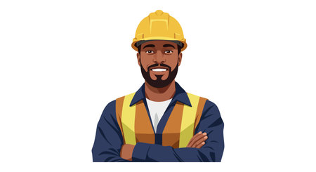 Illustration shows confident construction worker with yellow helmet and safety vest crossing arms,...