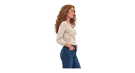 Illustration shows a woman with curly brown hair in casual clothes walking with hands in pockets,...