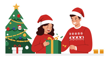 A man and woman wearing red Christmas sweaters and Santa hats exchange gifts near a decorated Christmas tree in a joyful holiday scene. Cheerful mood.のイラスト素材