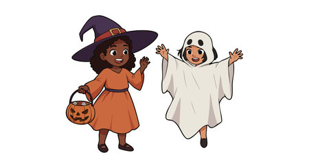 Two children wear Halloween costumes, one as a witch with a pumpkin bucket and another as a ghost spreading arms, celebrating joyfully. Cheerful.のイラスト素材