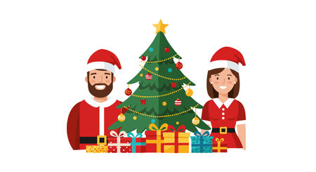 Illustration shows man and woman in Santa hats standing by decorated Christmas tree with gifts, creating festive and joyful mood.のイラスト素材
