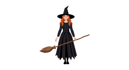 Illustration shows a witch in a black dress and pointed hat flying on a broomstick with red hair and calm expression, magical and mysterious mood.のイラスト素材