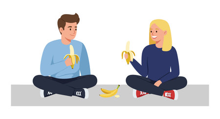 Illustration shows a man and woman sitting cross-legged eating bananas together in a casual setting, creating a friendly and relaxed mood.のイラスト素材