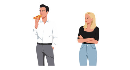 Illustration shows a man eating a slice of pizza while a woman stands nearby with arms crossed in casual interaction mood.のイラスト素材