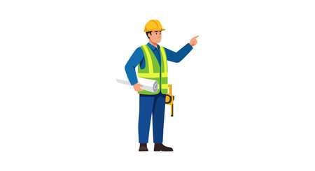 Illustration of a construction worker wearing a yellow helmet and vest, holding a blueprint while pointing, showing a confident and professional mood.のイラスト素材