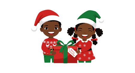 Two happy children in red and green Christmas hats hold a gift box wrapped with a green ribbon, expressing festive joy and holiday spirit.のイラスト素材