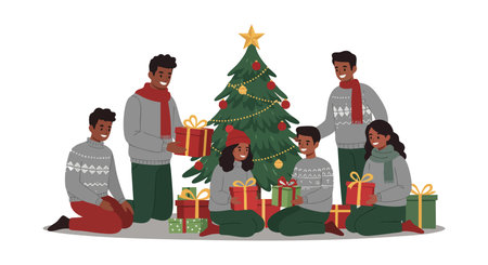 Family members gather around a decorated Christmas tree exchanging gifts wearing cozy winter clothing, creating a warm festive holiday atmosphere. Joyful mood.のイラスト素材