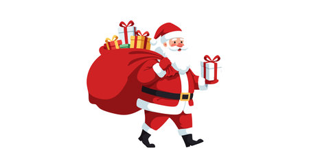 Santa Claus walks cheerfully carrying a large red sack of gifts and holding a wrapped present, festive and joyful mood.のイラスト素材