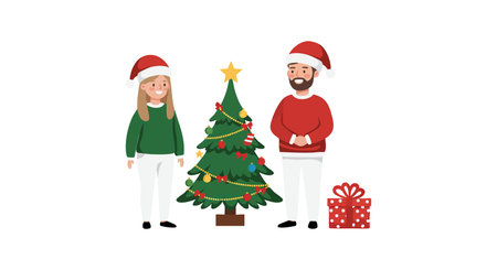 Vector illustration shows a man and woman in Santa hats decorating a Christmas tree with a gift box nearby, creating a joyful festive mood.のイラスト素材