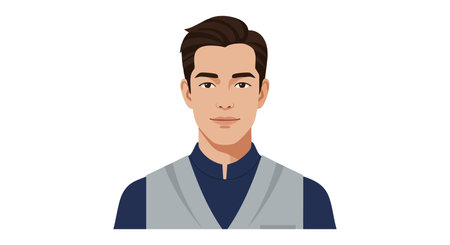 Illustration shows a young man with short brown hair wearing a blue vest and shirt, facing forward...