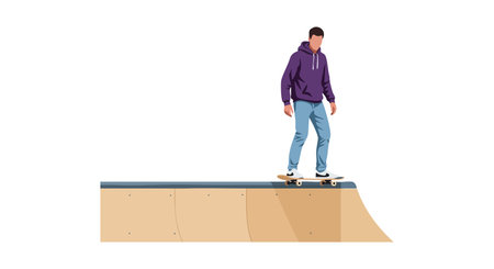 Illustration shows a skateboarder wearing a purple hoodie and blue jeans riding on a wooden ramp in landscape orientation. Energetic mood.のイラスト素材