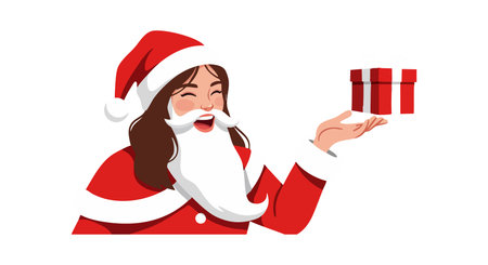 Illustration shows Santa Claus with red and white outfit holding a red gift box, celebrating Christmas season in joyful mood.のイラスト素材