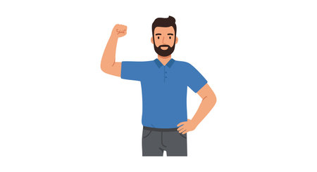 Illustration of a man wearing a blue shirt flexing his arm muscle confidently, expressing strength...