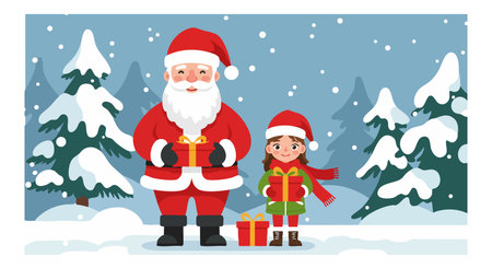 Santa Claus and a child stand in a snowy winter forest holding colorful gifts, surrounded by pine trees, creating a joyful festive mood.のイラスト素材