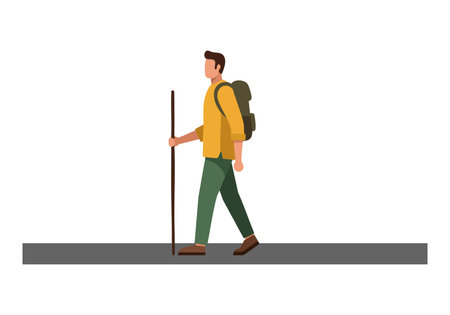Illustration shows a man hiking with a backpack and walking stick, walking confidently on flat ground in a simple style, calm mood.のイラスト素材