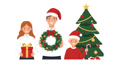 Family members celebrate Christmas holding a gift, wreath, and candy cane near a decorated tree with golden lighting, creating a joyful festive mood.のイラスト素材