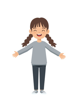 Smiling girl with brown pigtails wearing gray top and black pants stands with open arms and happy expression. Cheerful mood.のイラスト素材