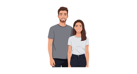 Illustration of a young man and woman standing side by side in casual outfits, conveying warmth and...