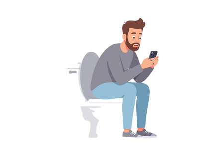 Illustration of a man sitting on a toilet and using a smartphone, depicting daily routine in a simple style, calm mood.のイラスト素材