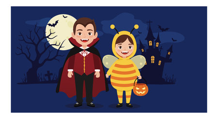 Two children wear Halloween costumes as a vampire and a bee near a haunted house under a full moon with bats flying, spooky and festive mood.のイラスト素材