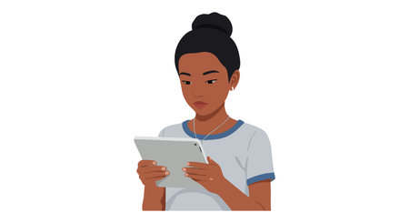 Illustration shows a young woman holding and reading a digital tablet, concentrating on the screen...
