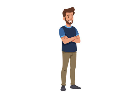 Illustration shows a young man standing with crossed arms wearing casual clothes and a beard, portraying confidence and relaxation mood.のイラスト素材