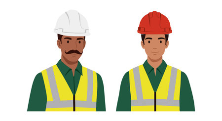 Illustration shows two male construction workers wearing white and red helmets with yellow reflective vests in a neutral mood.のイラスト素材