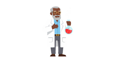 Illustration shows a scientist with gray hair and beard holding a red chemical flask, wearing a lab coat, glasses, and blue shirt, focused and calm.のイラスト素材