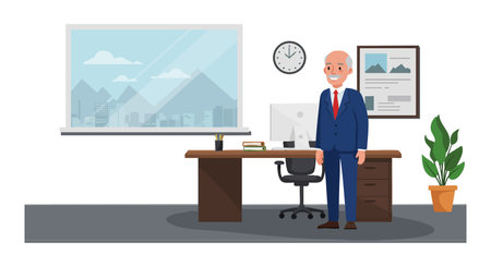 Businessman stands in a modern office with a desk, computer, clock, plant, and cityscape view through the window, creating a professional atmosphere.のイラスト素材