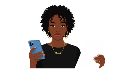 Illustration shows a woman with curly hair holding a smartphone and wearing gold jewelry, displaying a serious mood.のイラスト素材