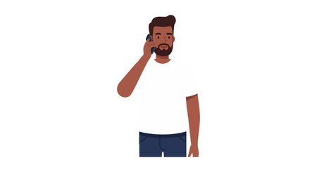 Vector illustration of a man talking on the phone wearing a white t shirt and blue pants, depicted...