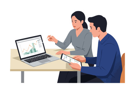Two business professionals review financial data on laptop and tablet while collaborating at a desk in a modern office setting, focused and engaged.のイラスト素材