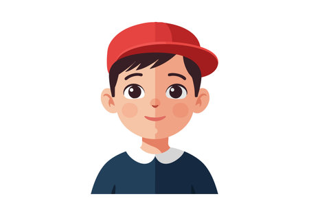 Vector shows a boy with a red cap and navy blue shirt smiling gently, facing forward in portrait orientation. Cheerful mood.のイラスト素材