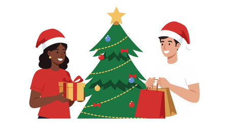 Diverse people celebrate Christmas exchanging gifts near a decorated tree with a star, creating a festive and joyful holiday mood.のイラスト素材
