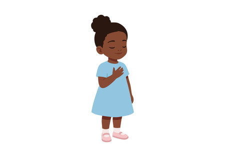 The little girl stands peacefully with eyes closed and hand on chest, wearing a blue dress and pink shoes, conveying calmness and innocence.のイラスト素材