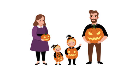 Family in pumpkin costumes holds jack o lanterns with smiles, celebrating Halloween, conveying a joyful and festive mood.のイラスト素材