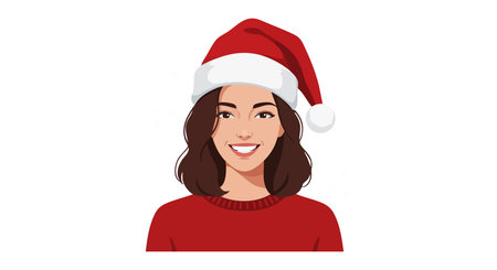 Illustration shows smiling woman in red sweater and Santa hat celebrating Christmas season with cheerful and joyful mood.のイラスト素材