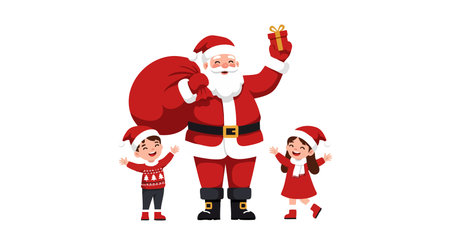 Santa Claus stands with two children wearing Christmas hats and festive clothes holding gifts, creating a joyful holiday scene. Cheerful mood.のイラスト素材