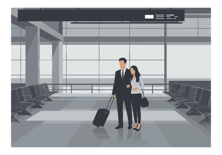 A man and woman in business attire stand in an airport lounge with chairs and signage, conveying travel and professionalism. Calm mood.のイラスト素材