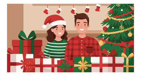 A smiling couple stands behind wrapped presents near a decorated Christmas tree in a warm indoor setting, evoking festive and joyful mood.のイラスト素材