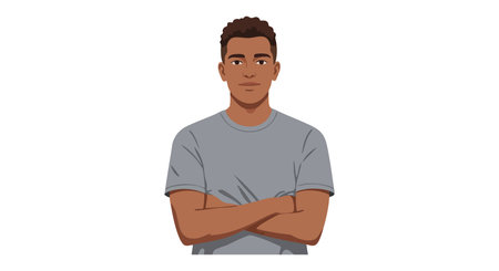 Illustration of a confident young man with crossed arms wearing a gray t-shirt, showing casual style...