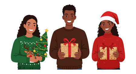 Three smiling African American people hold Christmas gifts and a decorated tree in cozy sweaters, celebrating holiday joy in a warm, festive mood.のイラスト素材