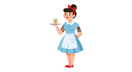 Illustration shows a female waitress in a blue dress with a red bow serving beer on a tray, presenting a cheerful atmosphere.のイラスト素材