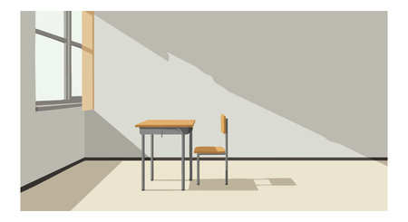 Vector shows a simple empty classroom desk and chair by the window with sunlight casting long shadows, creating a calm and quiet mood.のイラスト素材