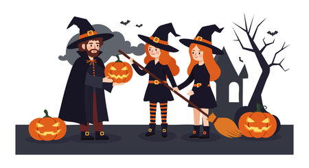 Illustration shows three witches with carved pumpkins near a haunted house and leafless tree in dark Halloween setting, spooky mood.のイラスト素材
