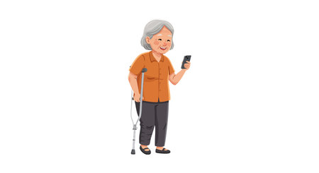 Elderly woman stands holding crutches and using a smartphone, wearing casual clothing, showing...