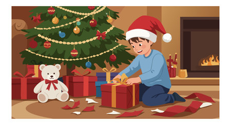 A boy wearing a Santa hat opens Christmas presents near a decorated tree and warm fireplace creating a cozy holiday atmosphere. Cheerful mood.のイラスト素材