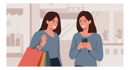 Illustration shows two young women shopping together while one uses a smartphone, creating a social and casual atmosphere. Friendly mood.のイラスト素材